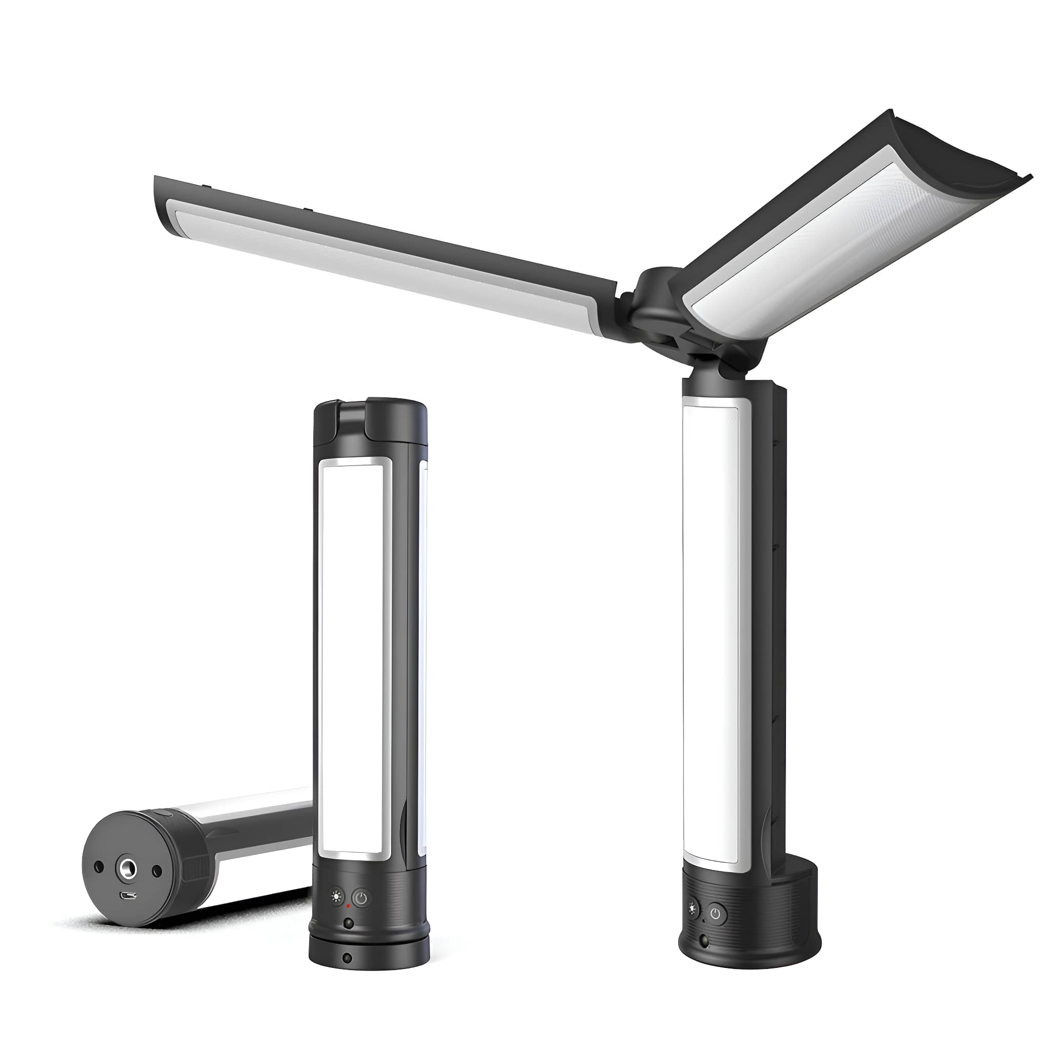 Drei schwarze Lampen mit weißen Lichtpaneelen. Eine ist gefaltet, eine gerade und eine abgewinkelt.