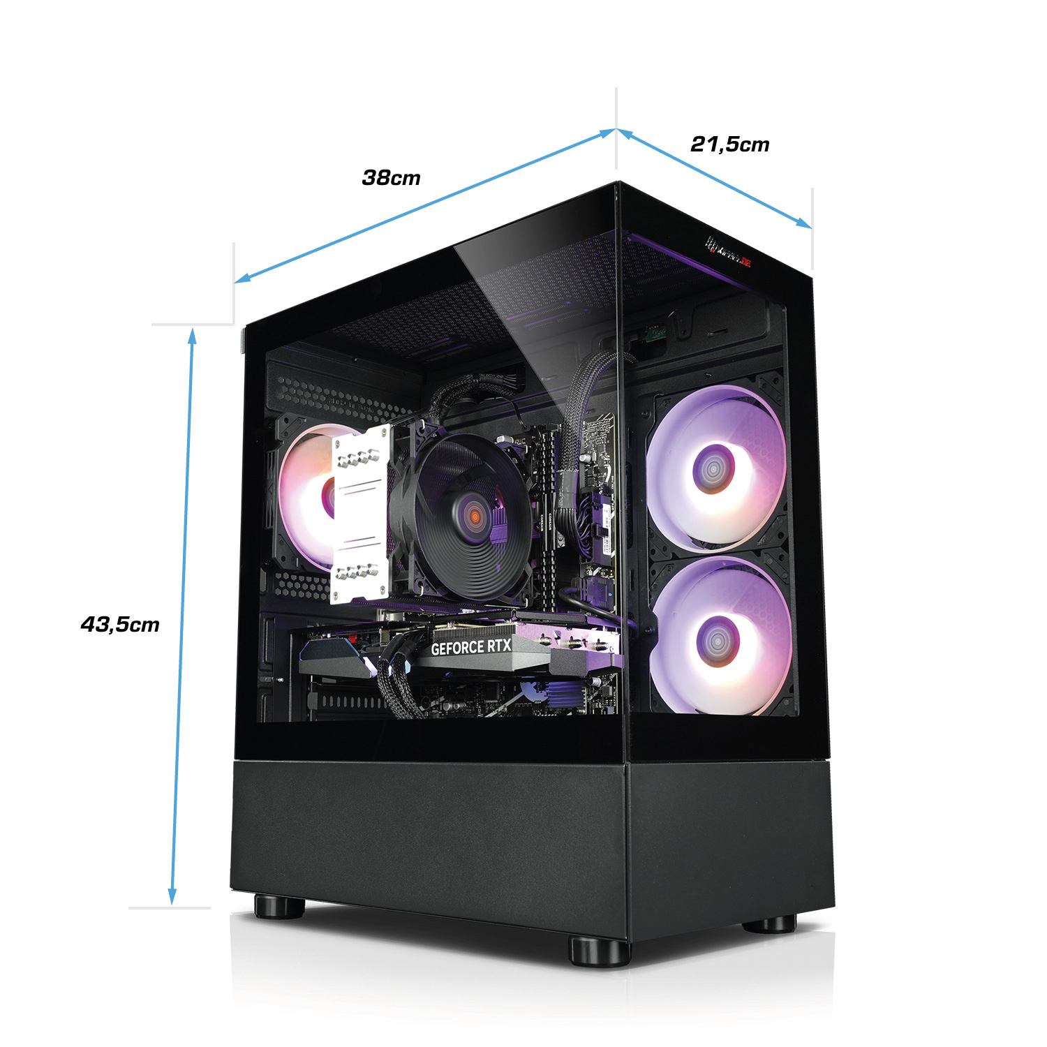 Black computer case with glass side panel. Dimensions are displayed. White and pink lighting.