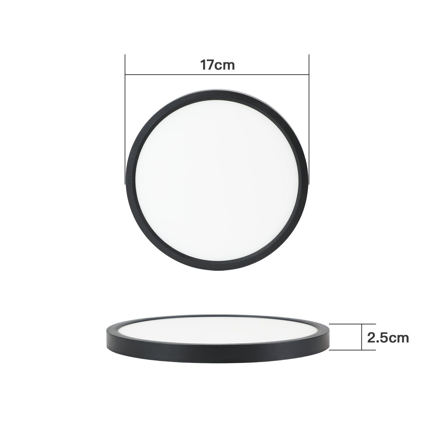 Un apparecchio di illuminazione rotondo, bianco e nero, con dimensioni di 17 cm e 2,5 cm.