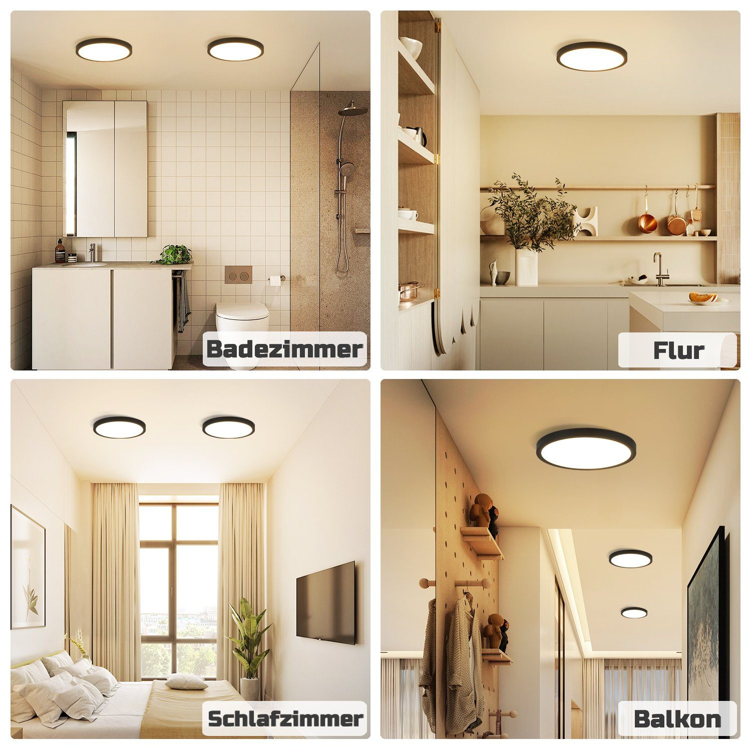 Quattro stanze con luci a soffitto. Bagno, corridoio, camera da letto e balcone. Le luci sono circolari e nere.
