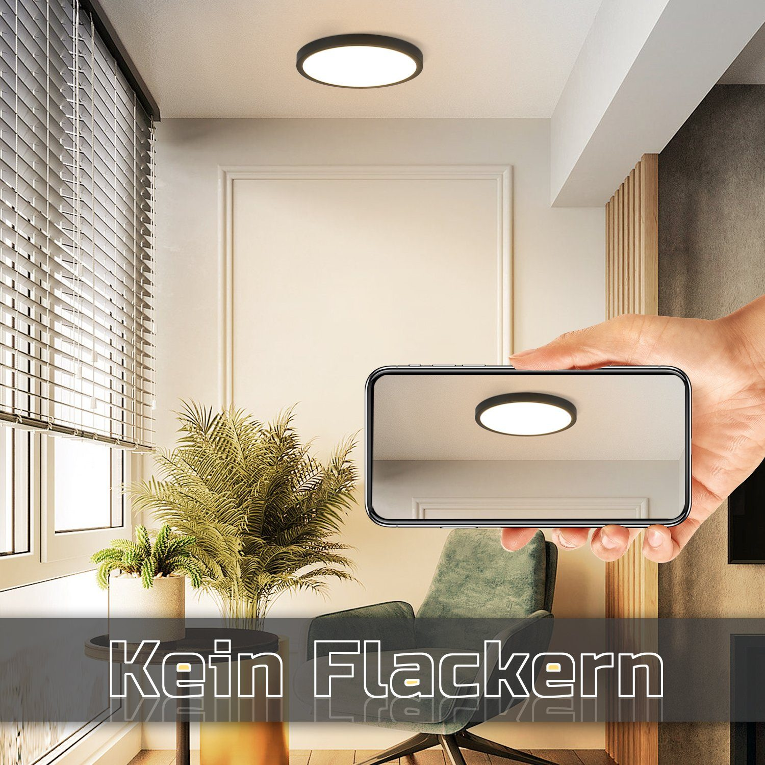 Una persona tiene in mano un telefono, mostrando la luce del soffitto riflessa sullo schermo.