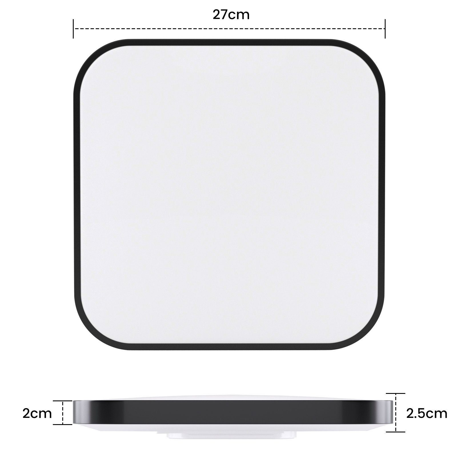 Biała kwadratowa lampa sufitowa LED. Czarna ramka i widok z boku pokazujący grubość.