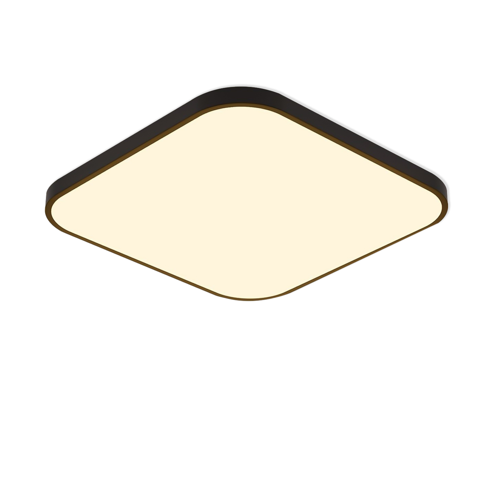 Kwadratowa lampa sufitowa z czarną ramą i białym środkiem. Prosty design.