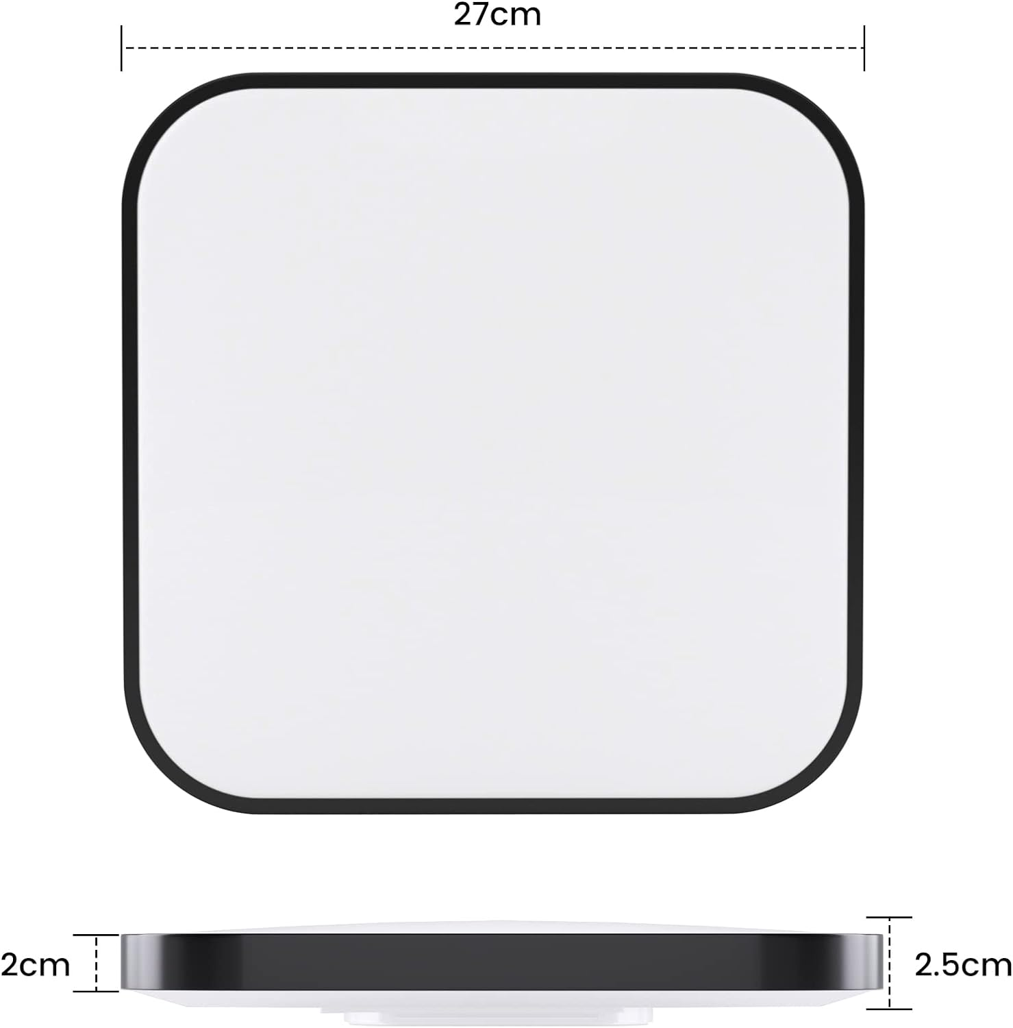 Biała kwadratowa oprawa oświetlenia sufitowego. Ma czarną ramę i szerokość 27 cm. Bok ma grubość 2,5 cm.