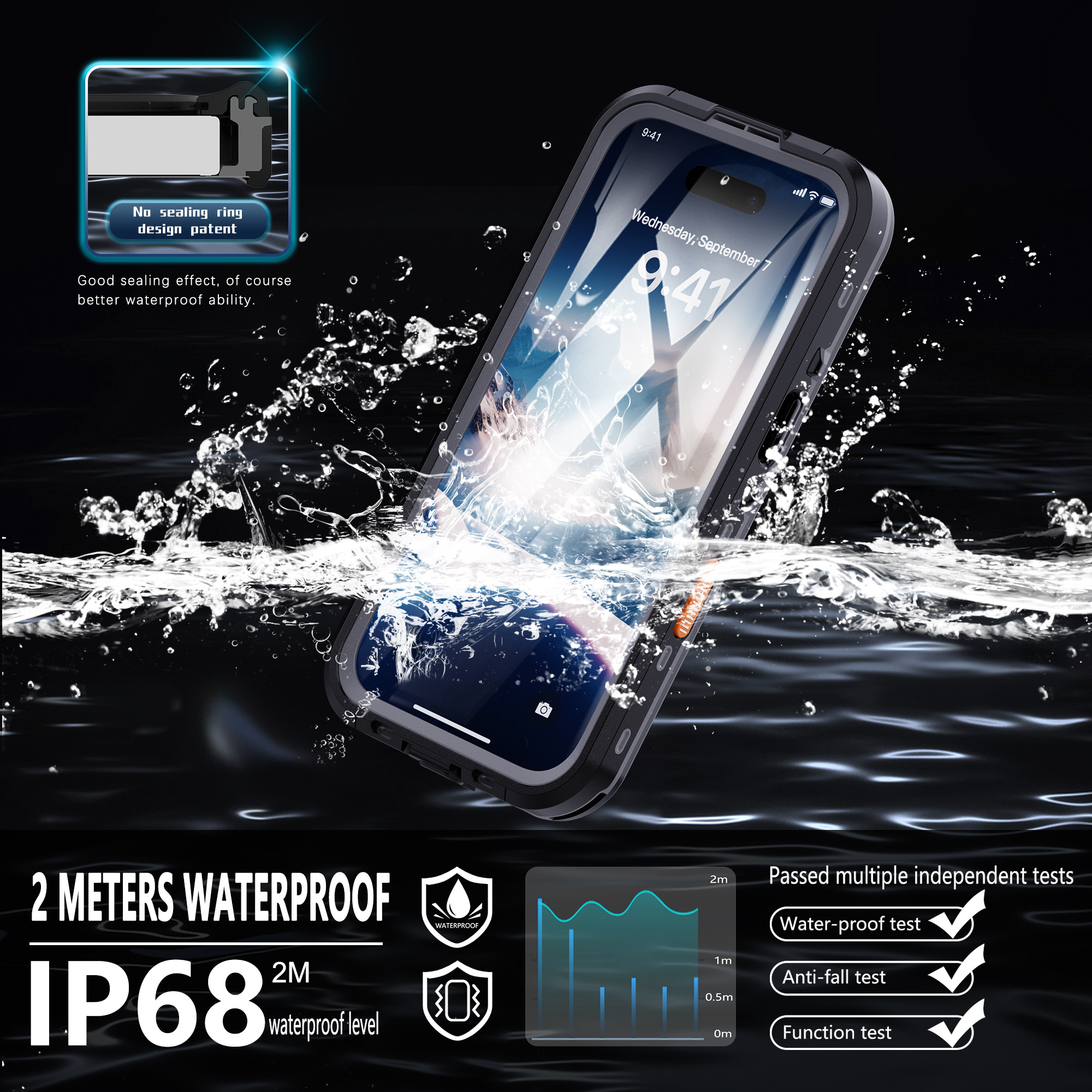 Ein Telefon in einer wasserdichten Hülle unter Wasser mit Text: 2 Meter wasserdicht IP68.