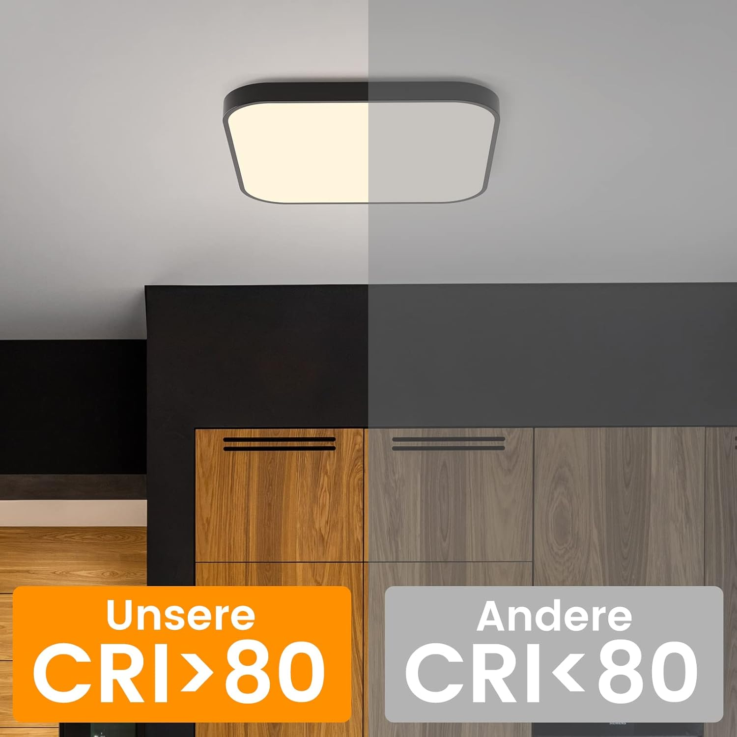 Lampa sufitowa z dwoma obszarami o różnej jasności, podkreślając wartości CRI.