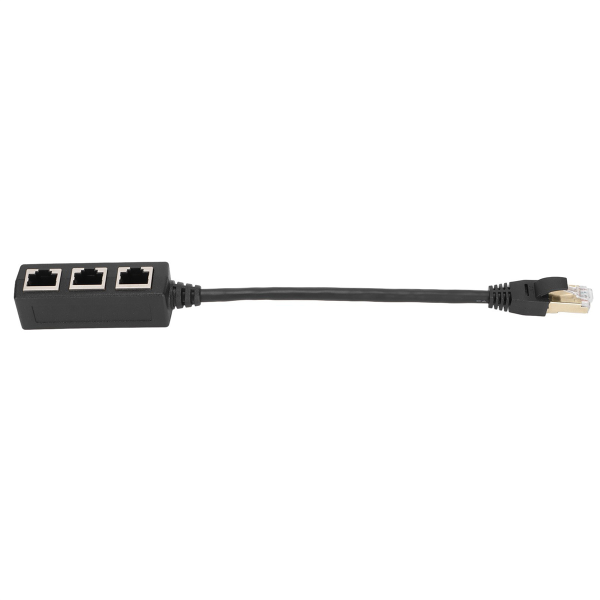 Schwarzer Netzwerk-Splitter. Hat 3 Anschlüsse und einen Stecker. Weißer Hintergrund.