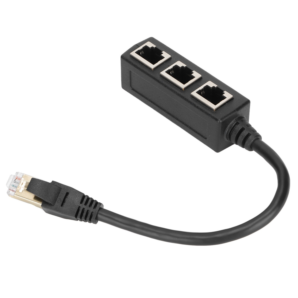 Schwarzer Ethernet-Kabel-Splitter mit drei Anschlüssen und einem Kabel mit Goldstecker.