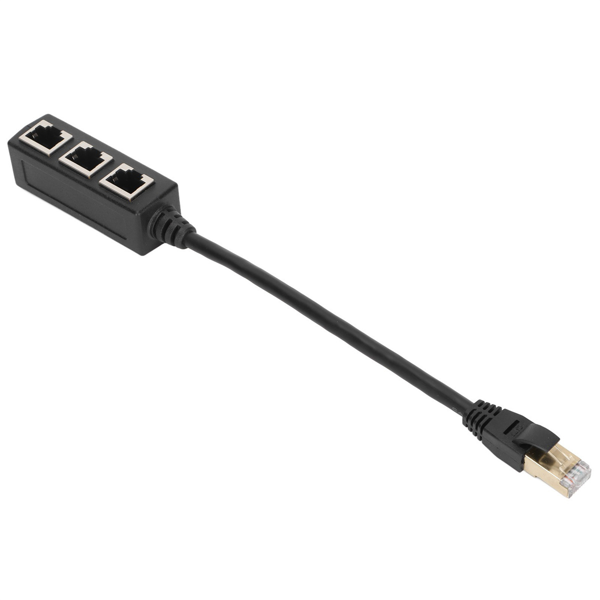 Schwarzer Netzwerk-Kabel-Splitter mit drei Anschlüssen. Das Kabel ist an RJ45-Stecker angeschlossen.