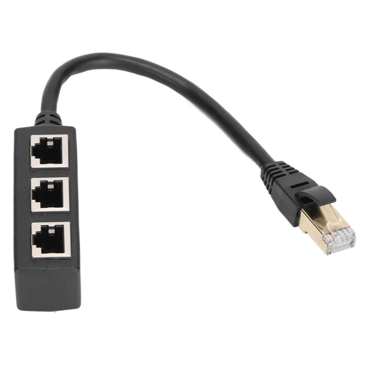 Ein Ethernet-Kabel-Splitter mit drei Anschlüssen und einem Stecker, alles schwarz.