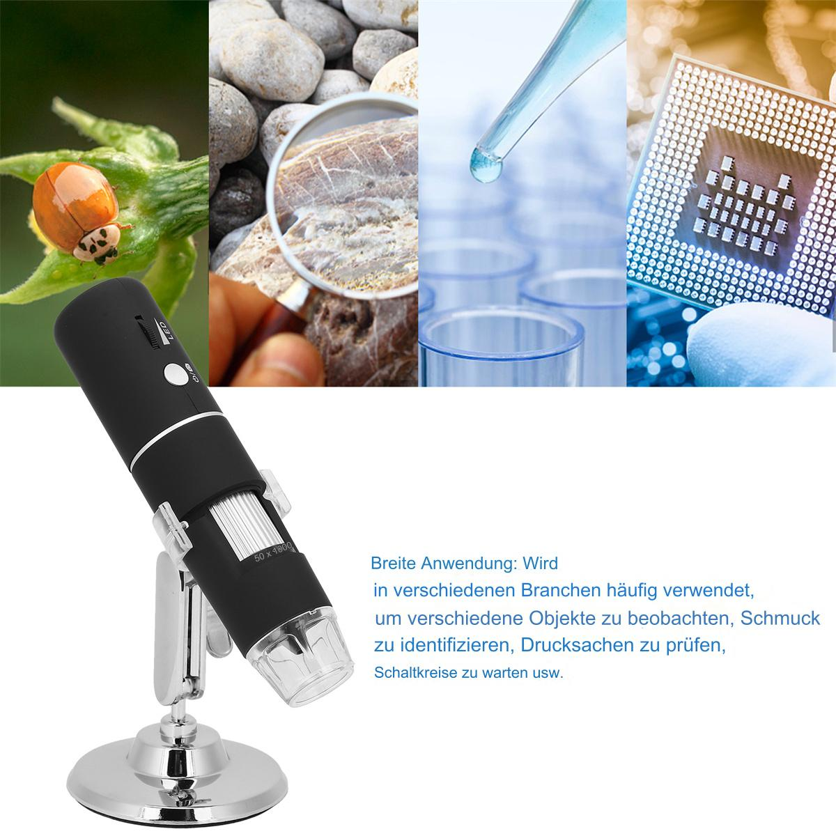 Mikroskop mit Bildern von Marienkäfer, Stein, Wassertropfen und Computerchip. Text beschreibt die Anwendungen.