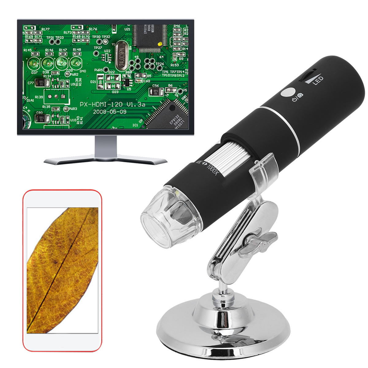 Ein digitales Mikroskop neben einem Monitor, der eine Leiterplatte zeigt, und ein Telefon mit Blatt.