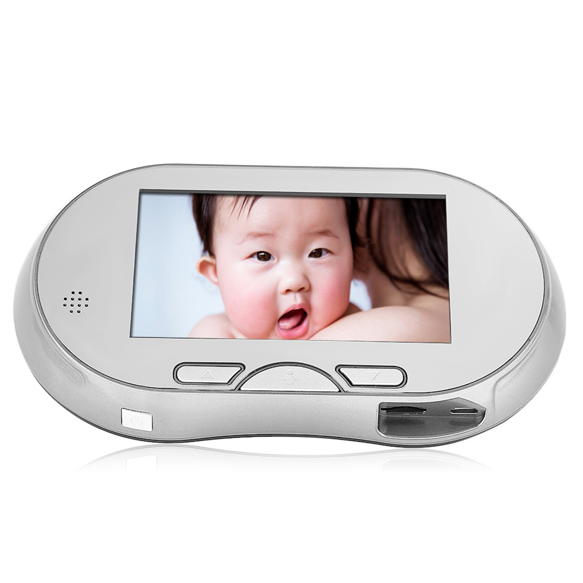 Das Gesicht eines Babys auf einem Monitor mit silbernem Rahmen.