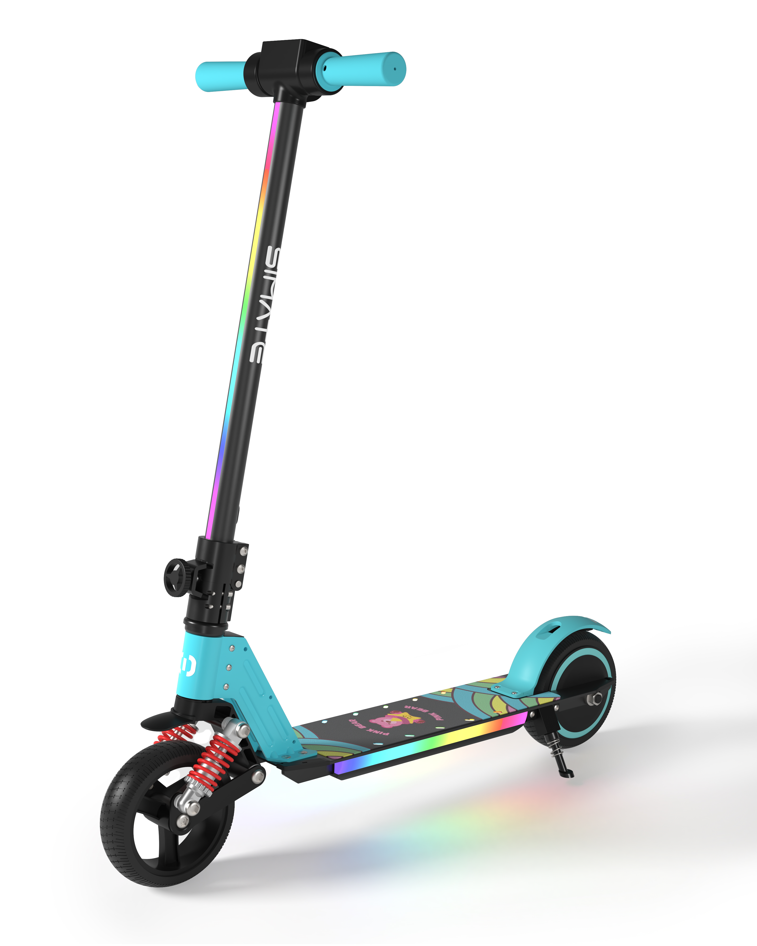 Blau-schwarzer Elektroroller mit Regenbogenlichtern am Rahmen.