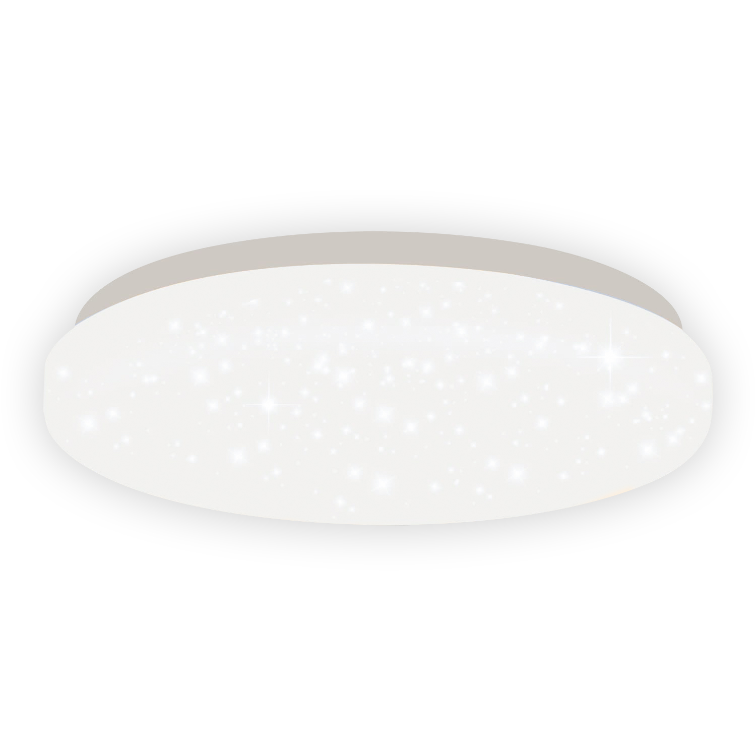 Biała, owalna lampa sufitowa z wieloma małymi, jasnymi światłami na powierzchni.