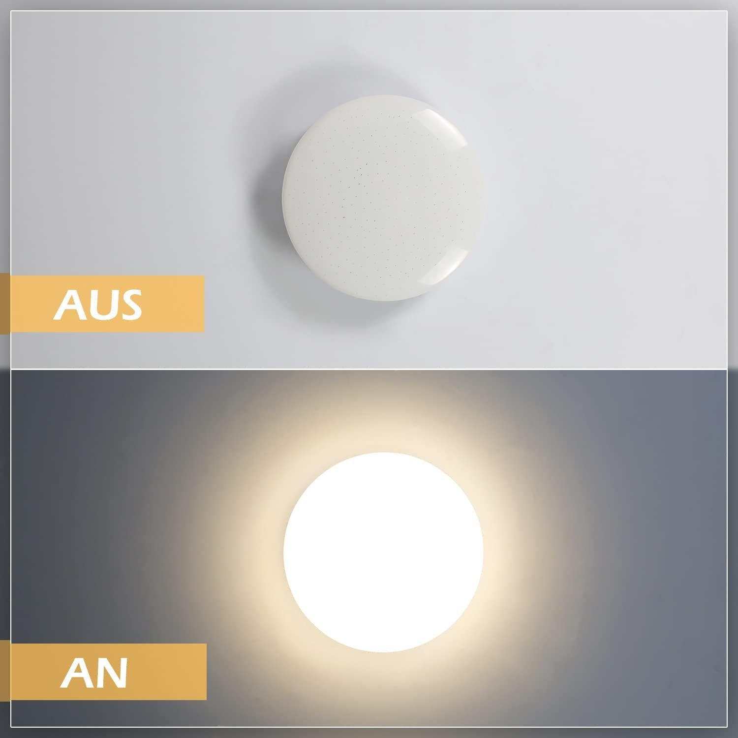 Dwa obrazy białej okrągłej oprawy oświetleniowej. Jeden jest wyłączony (AUS), drugi włączony (AN).