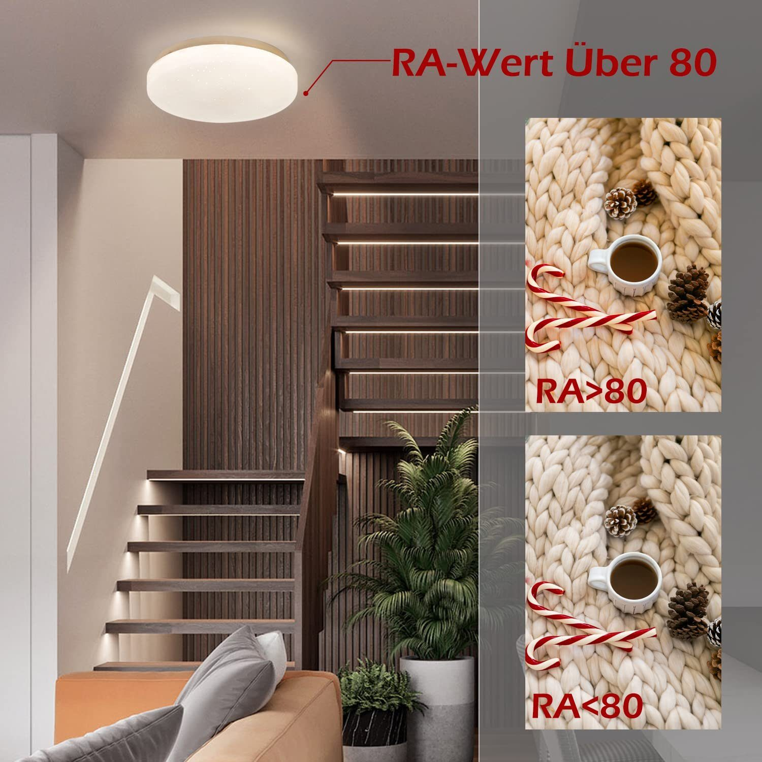 Pokój ze schodami i lampą sufitową. Dwa obrazy przytulnej sceny.