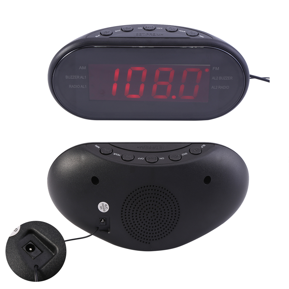 Schwarzer digitaler Wecker mit roter Anzeige 108.0 und Tasten zum Einstellen von Zeit, Alarm.