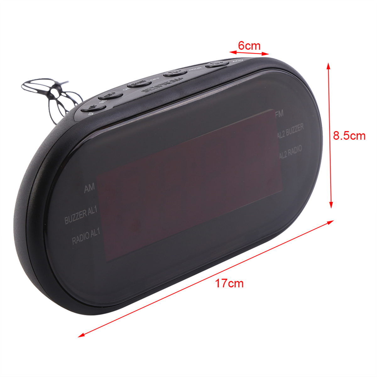 Schwarzer digitaler Wecker mit angezeigten Abmessungen. Text: AM, FM, RADIO, BUZZER.