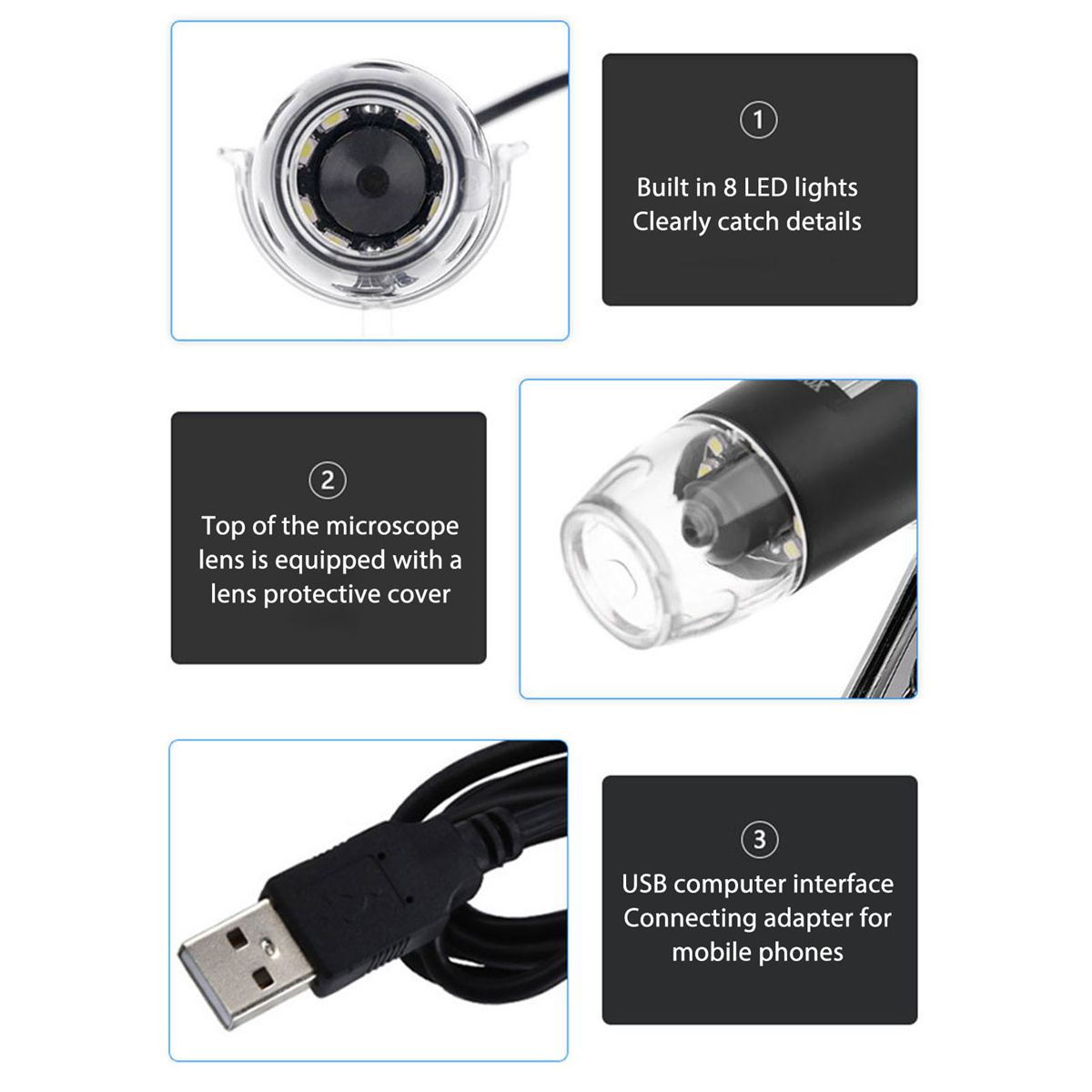 Nahaufnahme eines Mikroskops mit LED-Leuchten und USB-Schnittstelle für Mobiltelefone.
