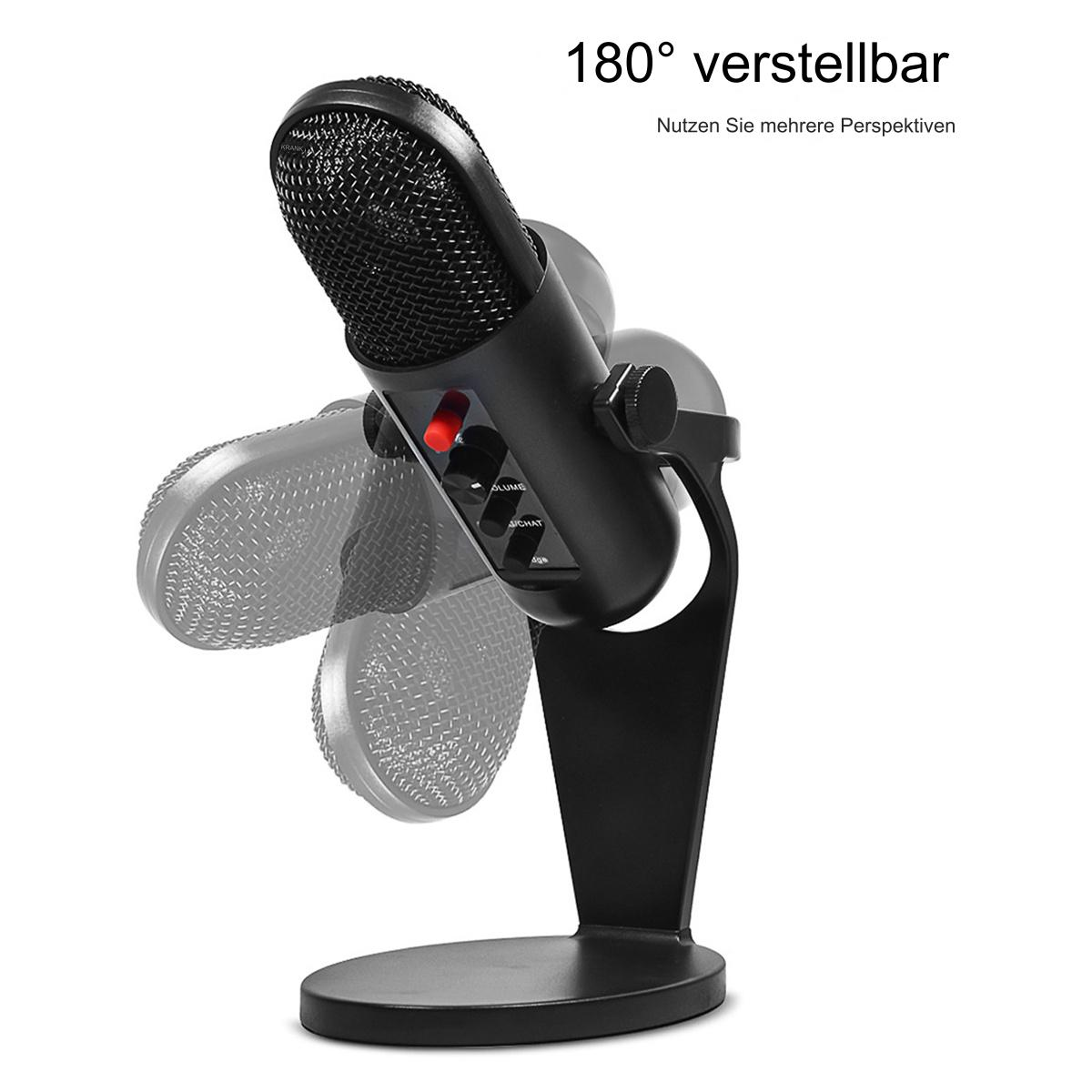 Schwarzes Mikrofon mit Ständer. Einstellbarer Winkel und rotes Licht.