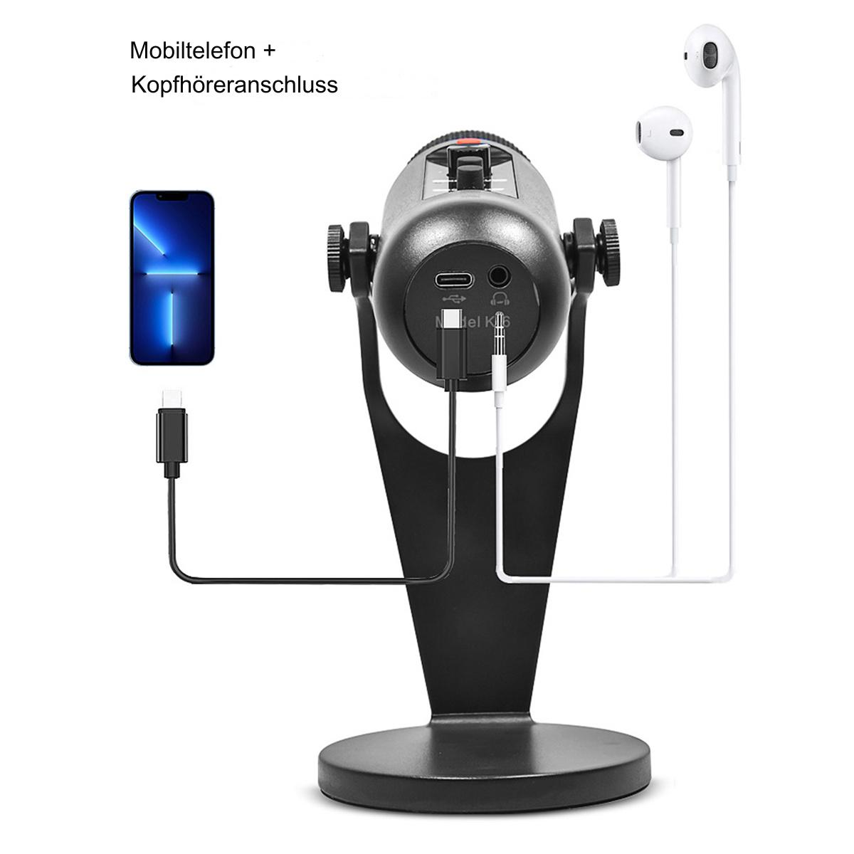 Ein schwarzes Mikrofon mit angeschlossenem Telefon und Kopfhörern. Die Rückseite des Mikrofons ist abgebildet.