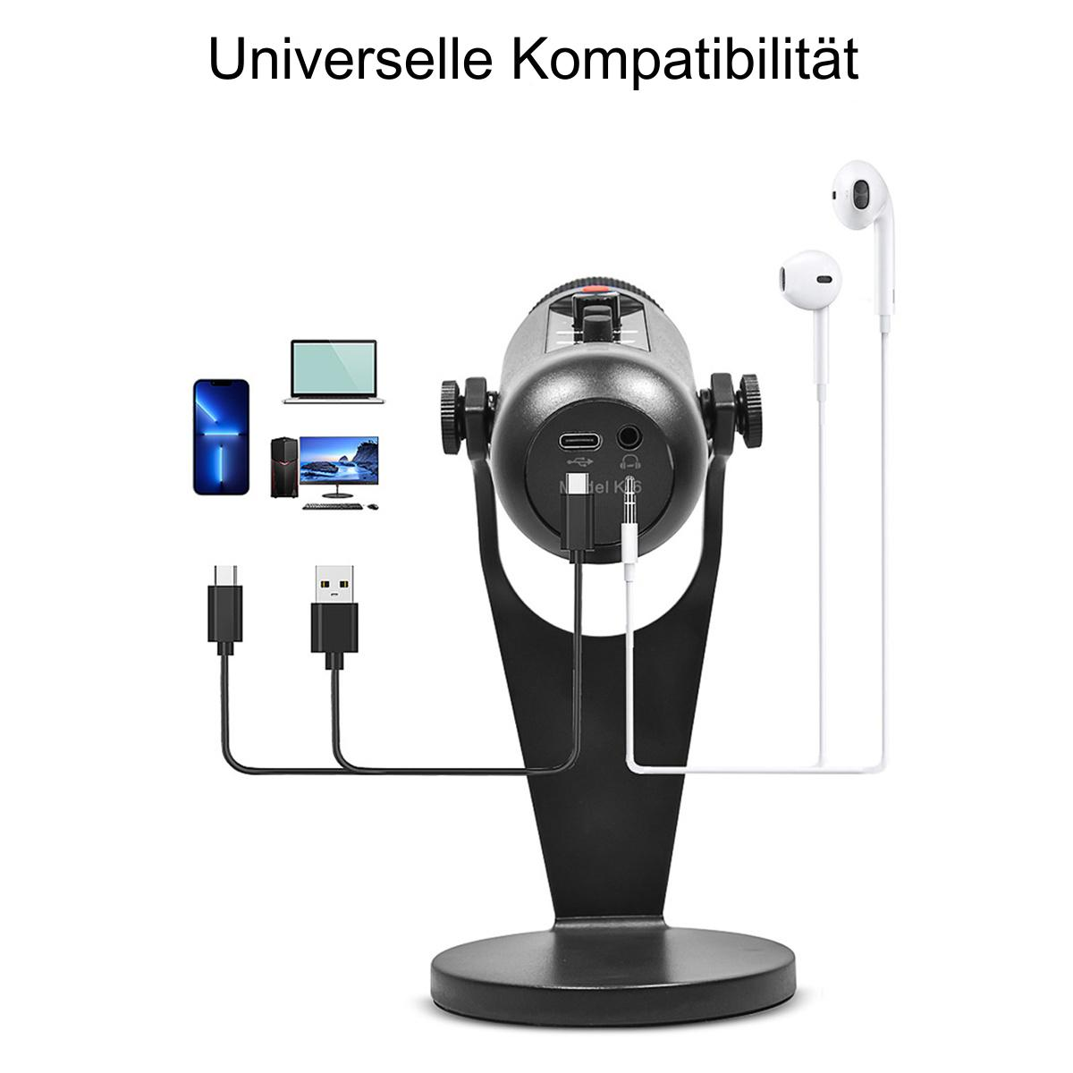 Ein Mikrofon mit Ständer und Kopfhörern. USB- und Aux-Kabel sind angeschlossen.