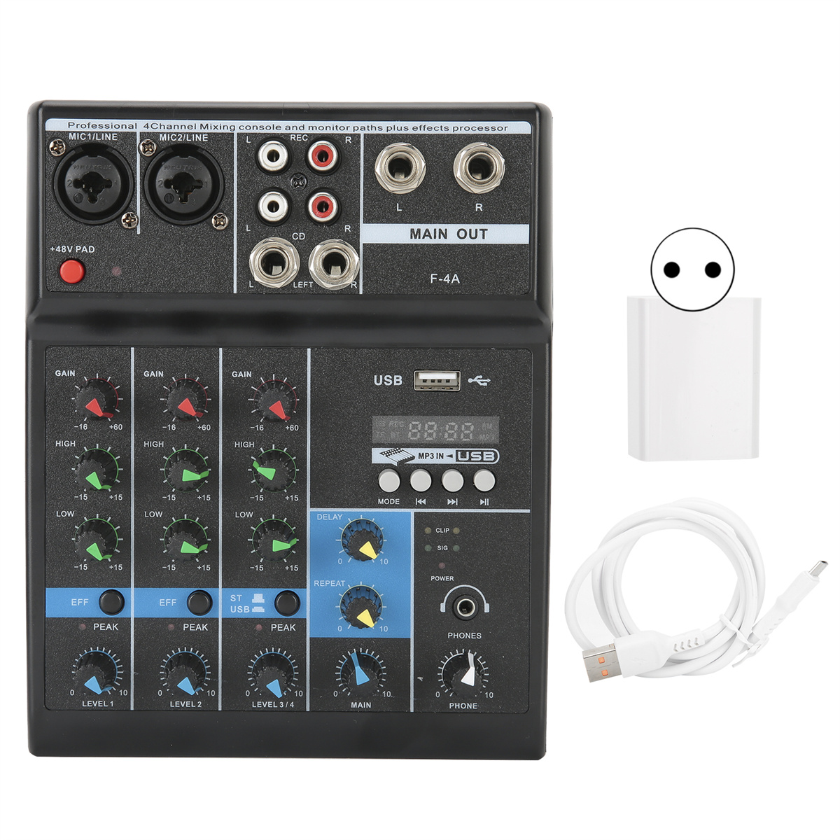 Audiomixer mit verschiedenen Knöpfen und angeschlossenem Netzteil und Kabel.