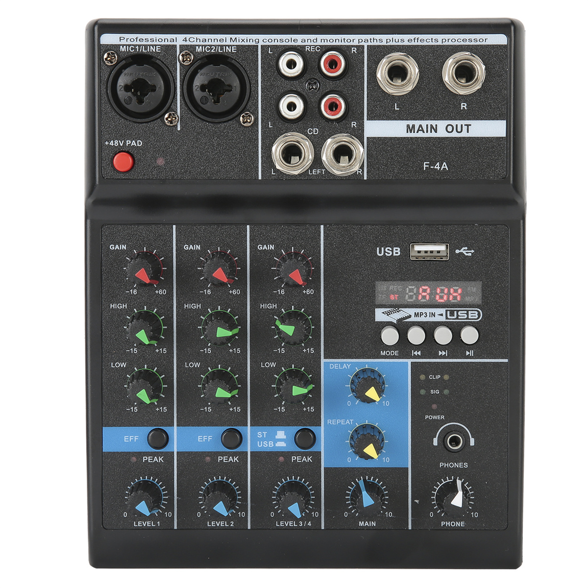 Schwarzer Audiomixer mit mehreren Knöpfen und Ein-/Ausgangsbuchsen. Mit USB-Anschluss und Display.