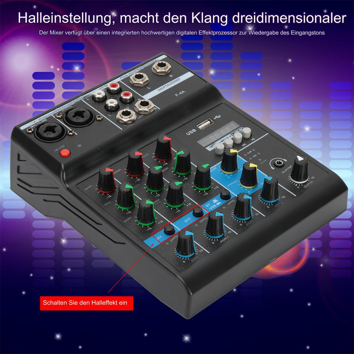 Ein schwarzer Audiomixer mit Knöpfen, Reglern und einem USB-Anschluss auf blauem Hintergrund.