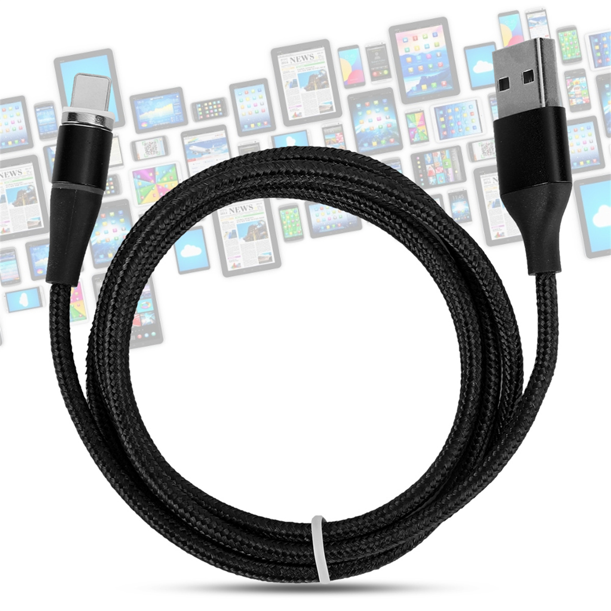 Ein schwarzes geflochtenes USB-Ladekabel mit einem USB-A- und einem Lightning-Anschluss, mit einem Hintergrund von Tablets.