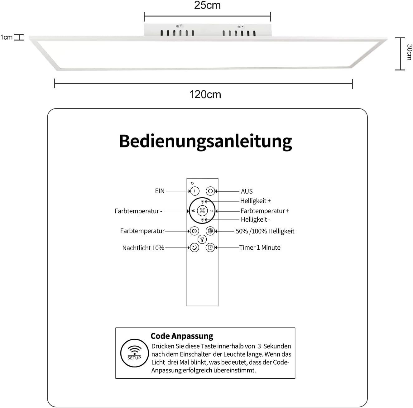 Un diagramma di un telecomando con etichette per le funzioni e le dimensioni di un pannello LED bianco.