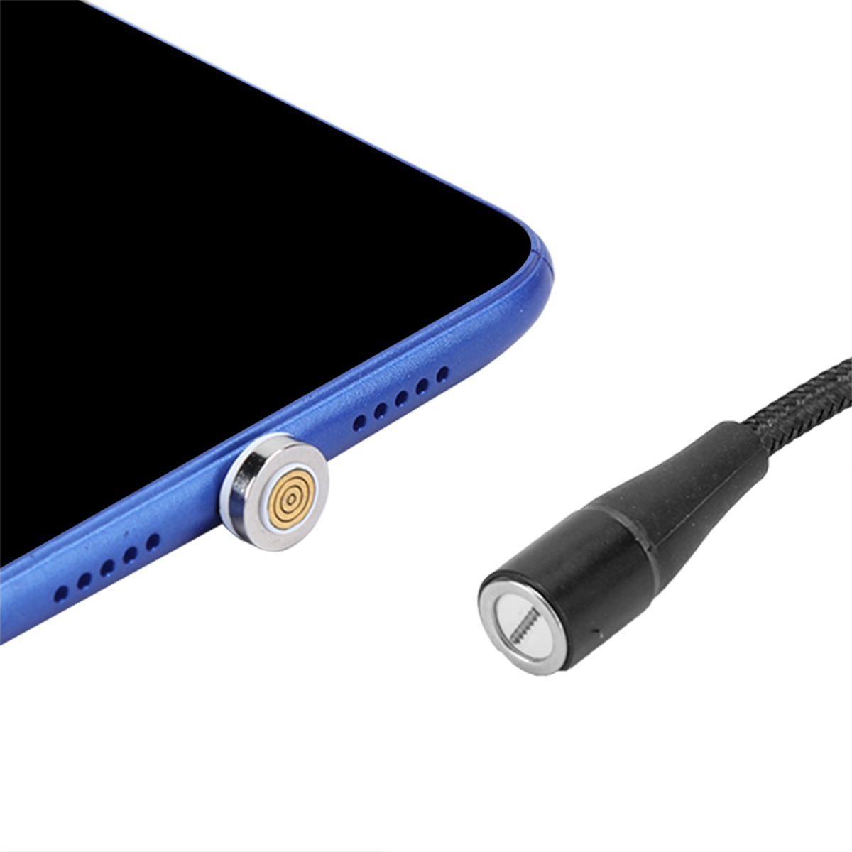 Ein blaues Telefon mit einem magnetischen Ladeanschluss neben einem schwarzen Ladekabel mit magnetischem Ende.