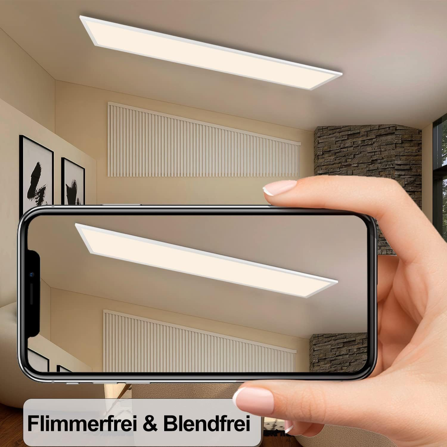 Una mano che tiene un telefono con vista su una luce a soffitto. La luce è lunga e rettangolare.
