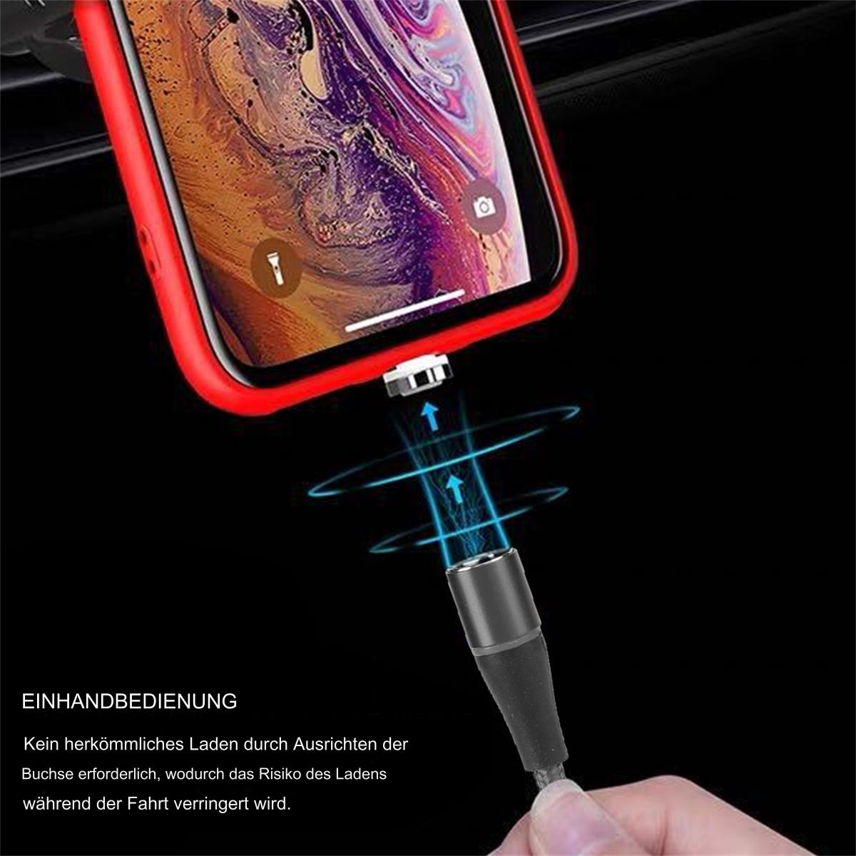 Ein Smartphone mit roter Hülle, Ladekabel und Text: Einfache Handhabung. Keine Buchse erforderlich.
