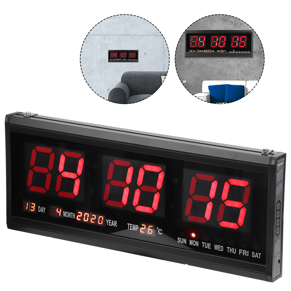 Schwarze digitale Wanduhr. Sie zeigt rote Ziffern für Zeit, Datum und Temperatur an.