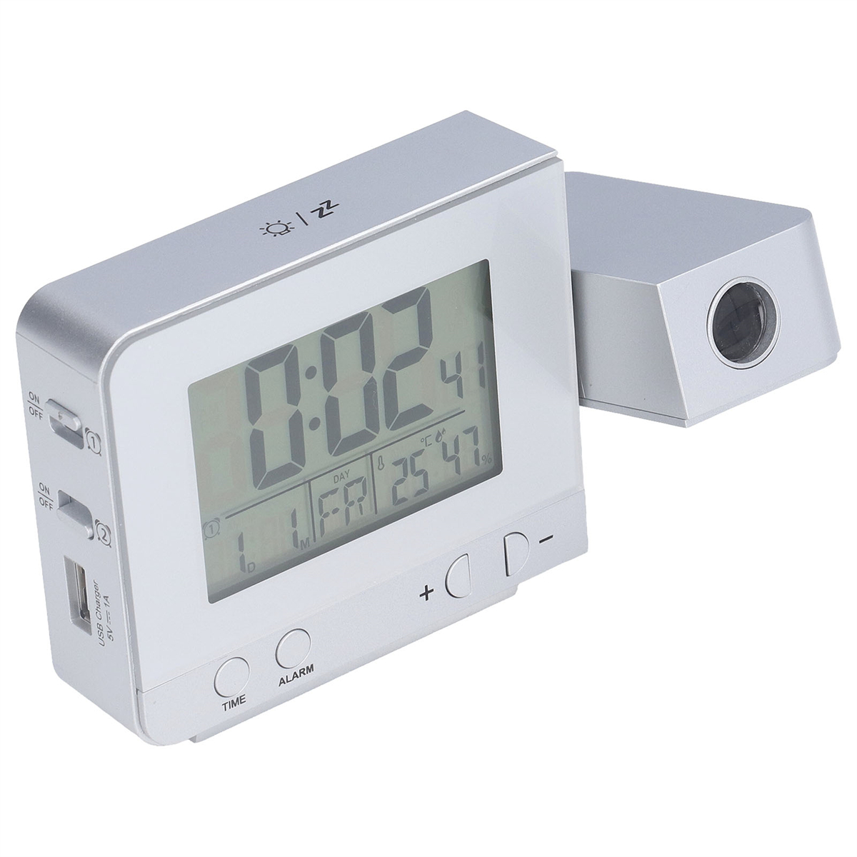 Silberner digitaler Wecker mit Projektionsmodul. Die Uhr zeigt Zeit, Datum und Temperatur an.