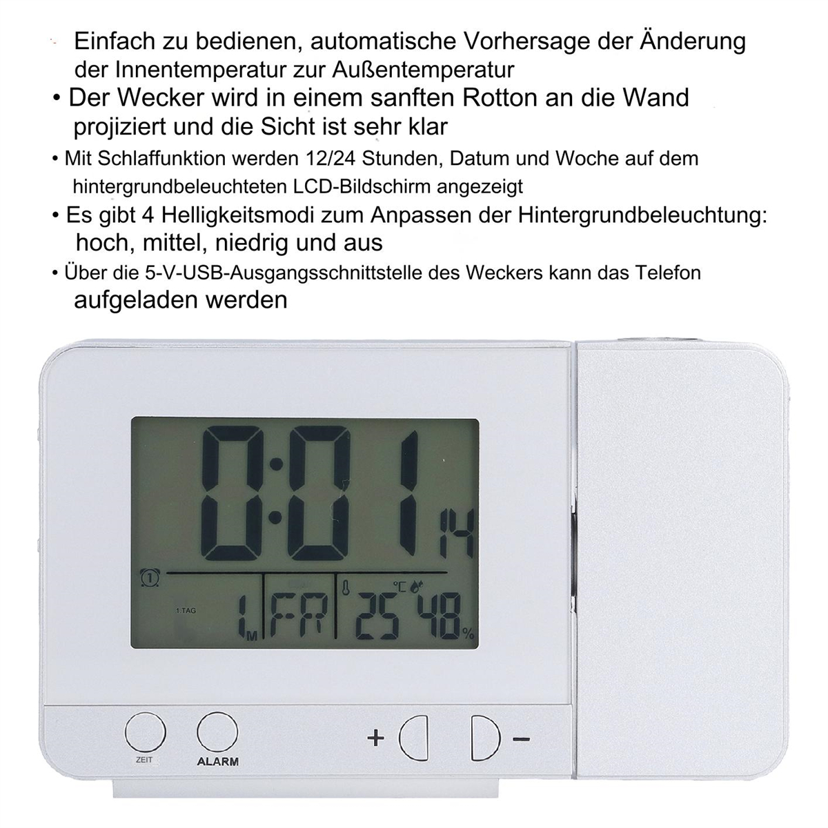 Weiße Digitaluhr mit Anzeige. Knöpfe unten. Weißer Hintergrund.
