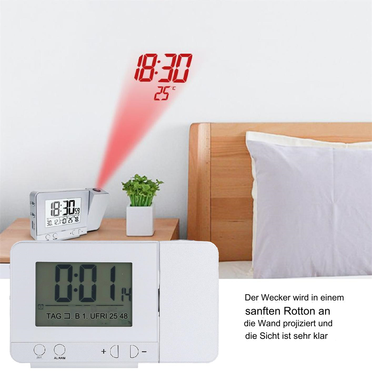 Digitaluhr mit Zeit- und Temperaturanzeige, mit roter Projektion an der Wand.