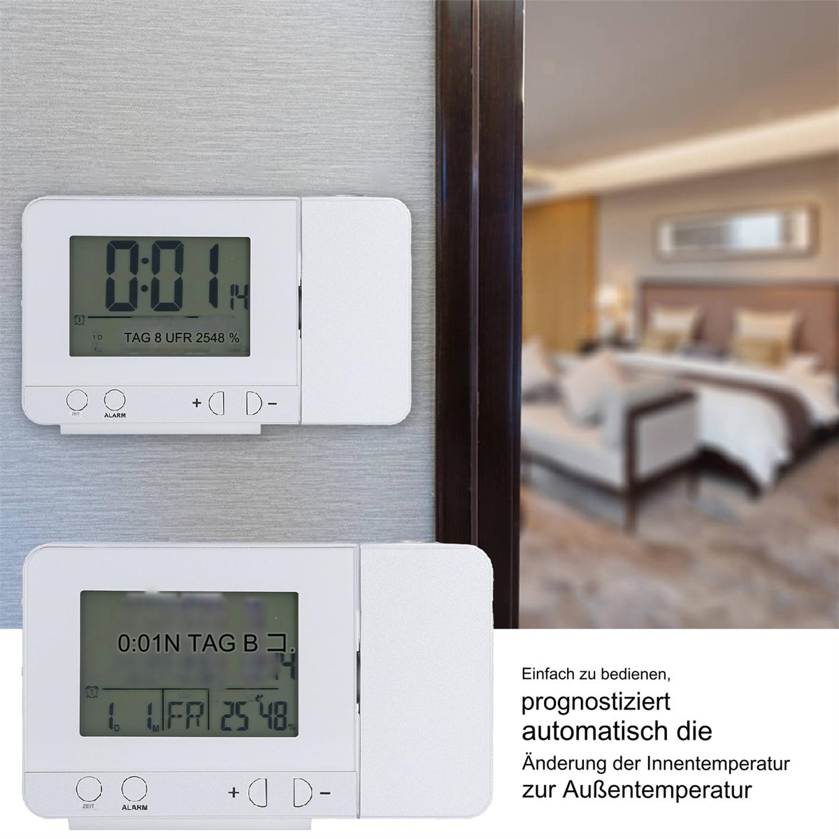 Zwei weiße digitale Thermostate. Einer ist an einer grauen Wand befestigt, der andere auf einem Schreibtisch.