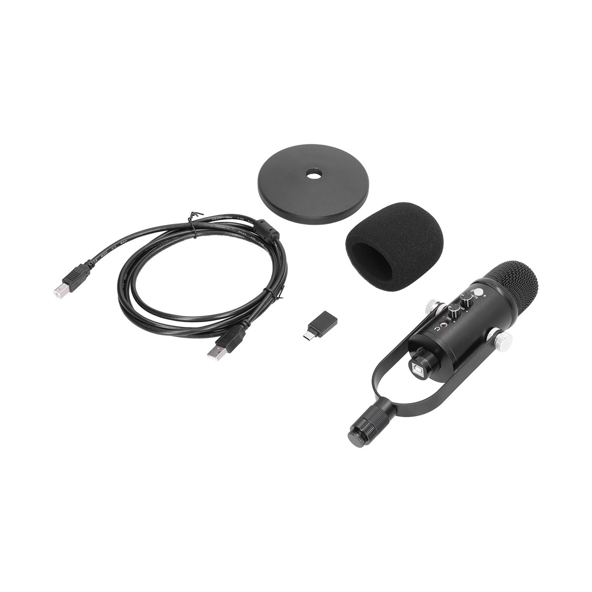 Schwarzes Mikrofon und Zubehör auf weißer Oberfläche. USB-Kabel und Ständer.