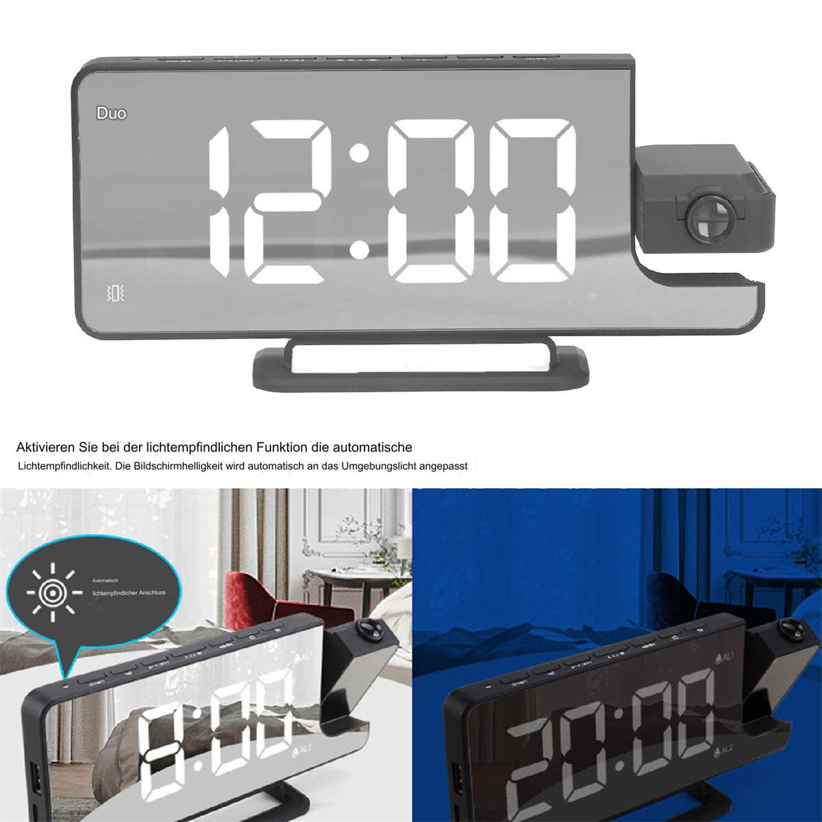 Digitale Uhr, die 12:00 Uhr anzeigt. Ein kleiner Projektor befindet sich auf der rechten Seite. Zwei kleinere Bilder unten.