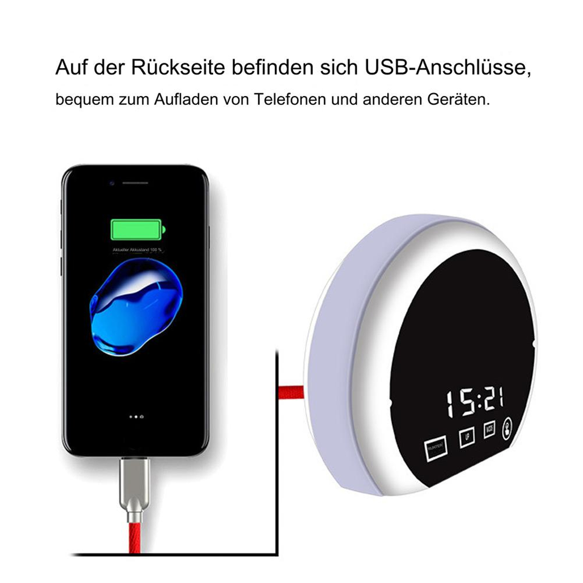 Ein Telefon, das mit einem roten Kabel geladen wird, neben einem Uhrgerät. Das Telefon zeigt 100% Akku.