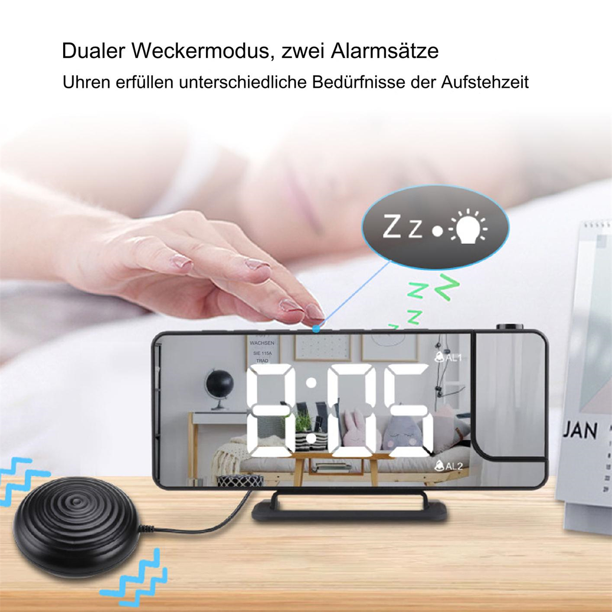 Digitaler Wecker auf einer Holzoberfläche. Zeigt die Uhrzeit und hat einen Vibrationsalarm.