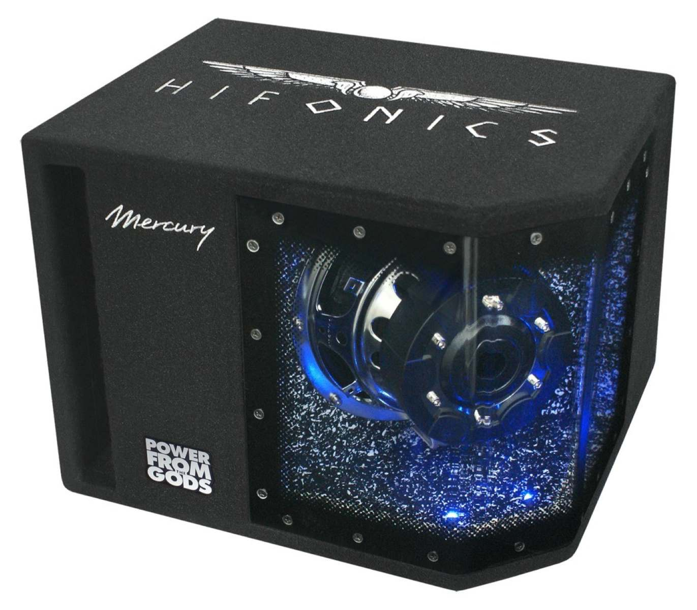 Ein schwarzer Subwoofer mit blau leuchtenden Lichtern und den Worten 'HIFONICS' oben.