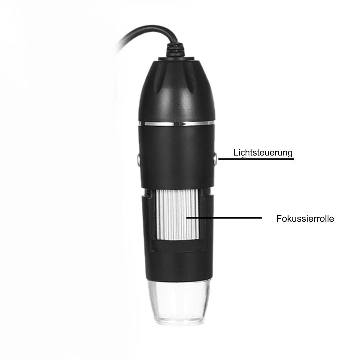Schwarzes digitales Mikroskop. Fokus- und Lichtsteuerung sind beschriftet. Transparente Linse unten.