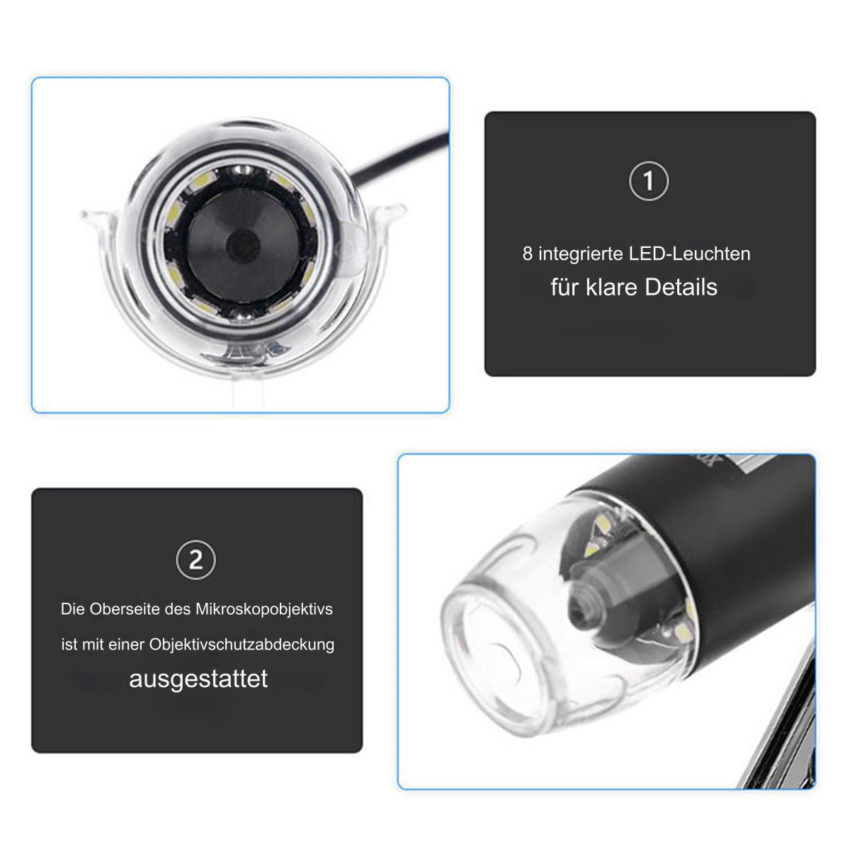 Eine Nahaufnahme eines Mikroskops. Es zeigt das Objektiv und Details der Lichter.