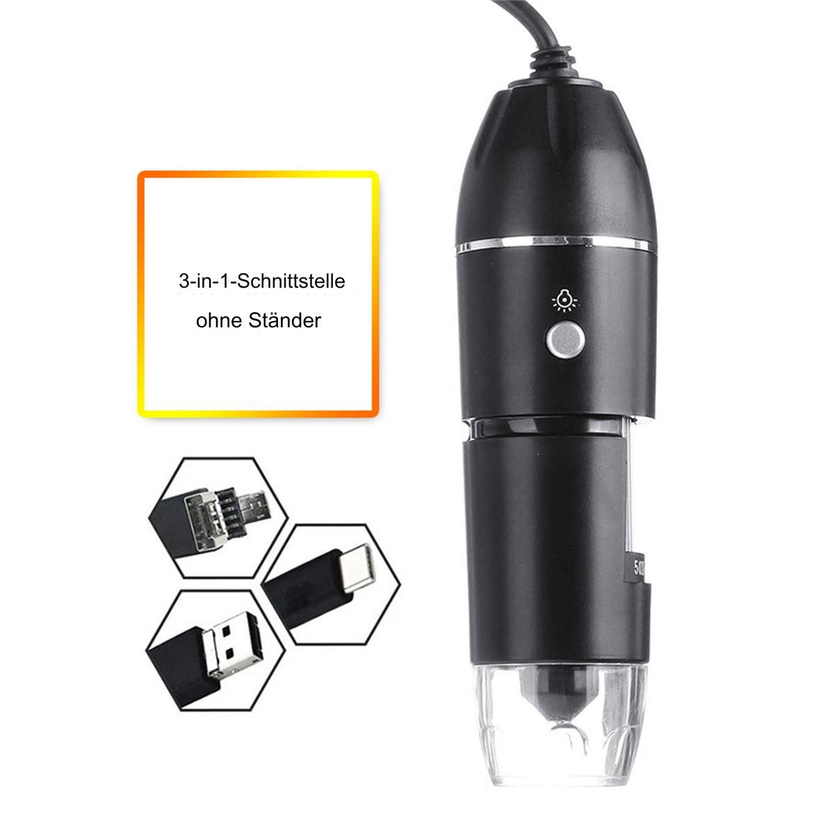Schwarzes Mikroskop mit USB-, Micro-USB- und USB-C-Anschlüssen. Text: 3-in-1-Schnittstelle ohne Ständer.