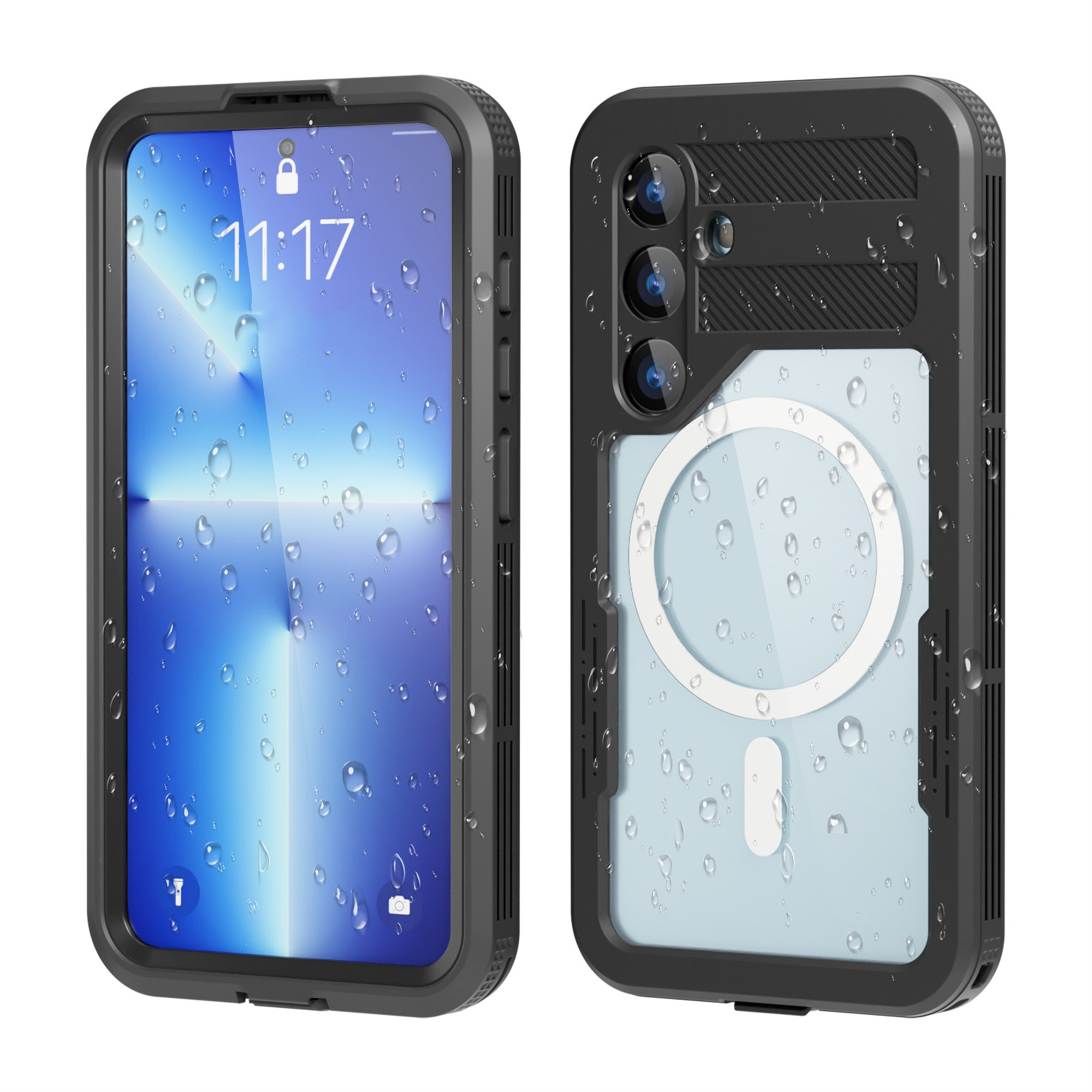 Schwarze Handyhülle mit Telefon darin. Wassertropfen auf beiden. Transparente Rückseite. Weißer Hintergrund.