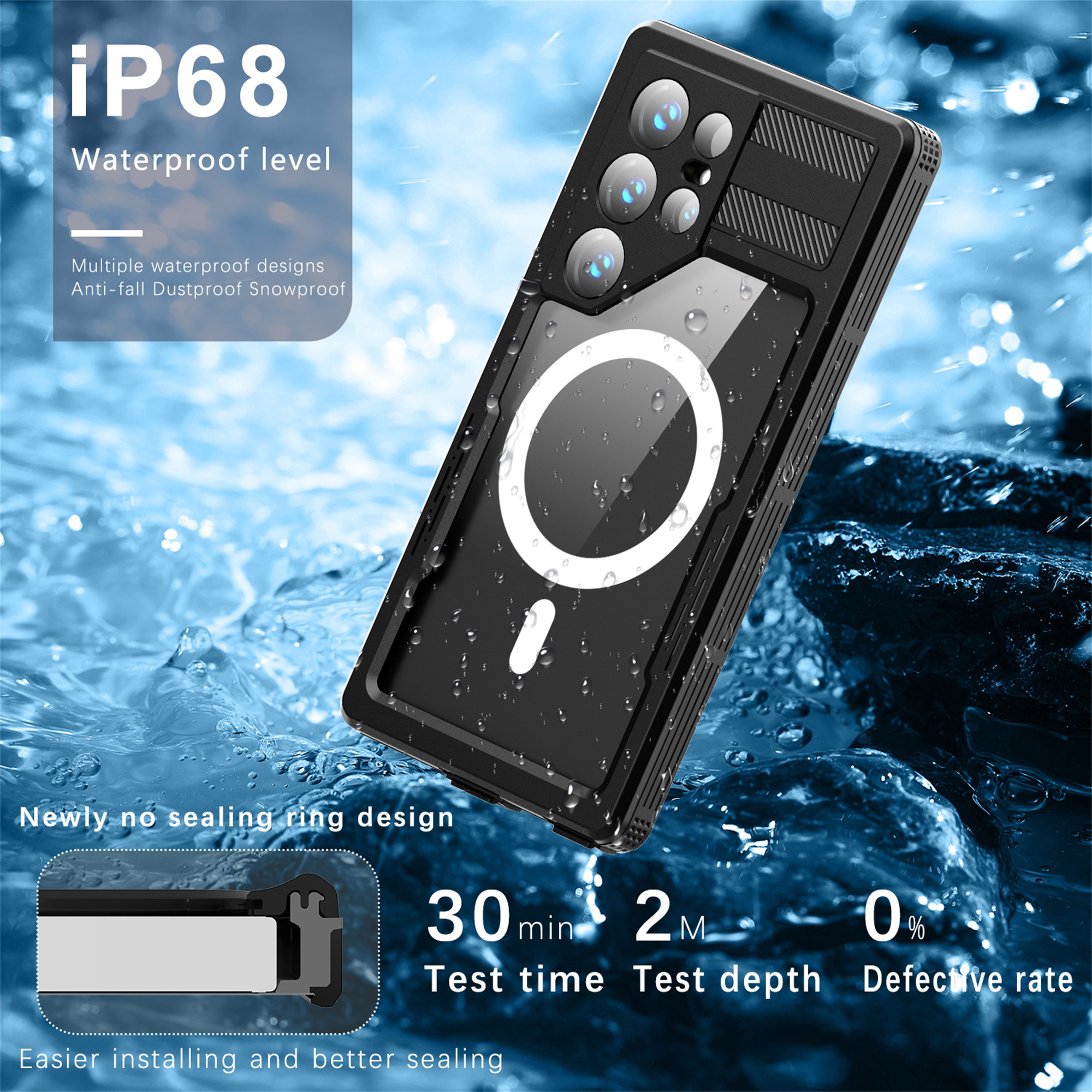 Eine schwarze Handyhülle mit einem Telefon darin, im Wasser. Text steht auf der Hülle.